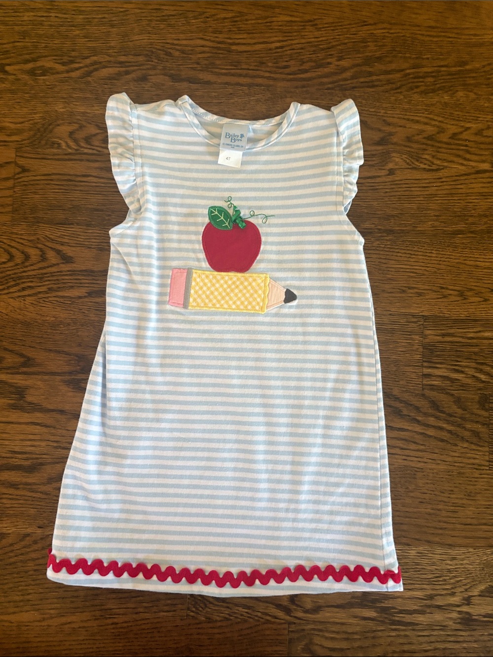 Light Blue & White Striped Girls Dress with Apple and Pencil Appliqué